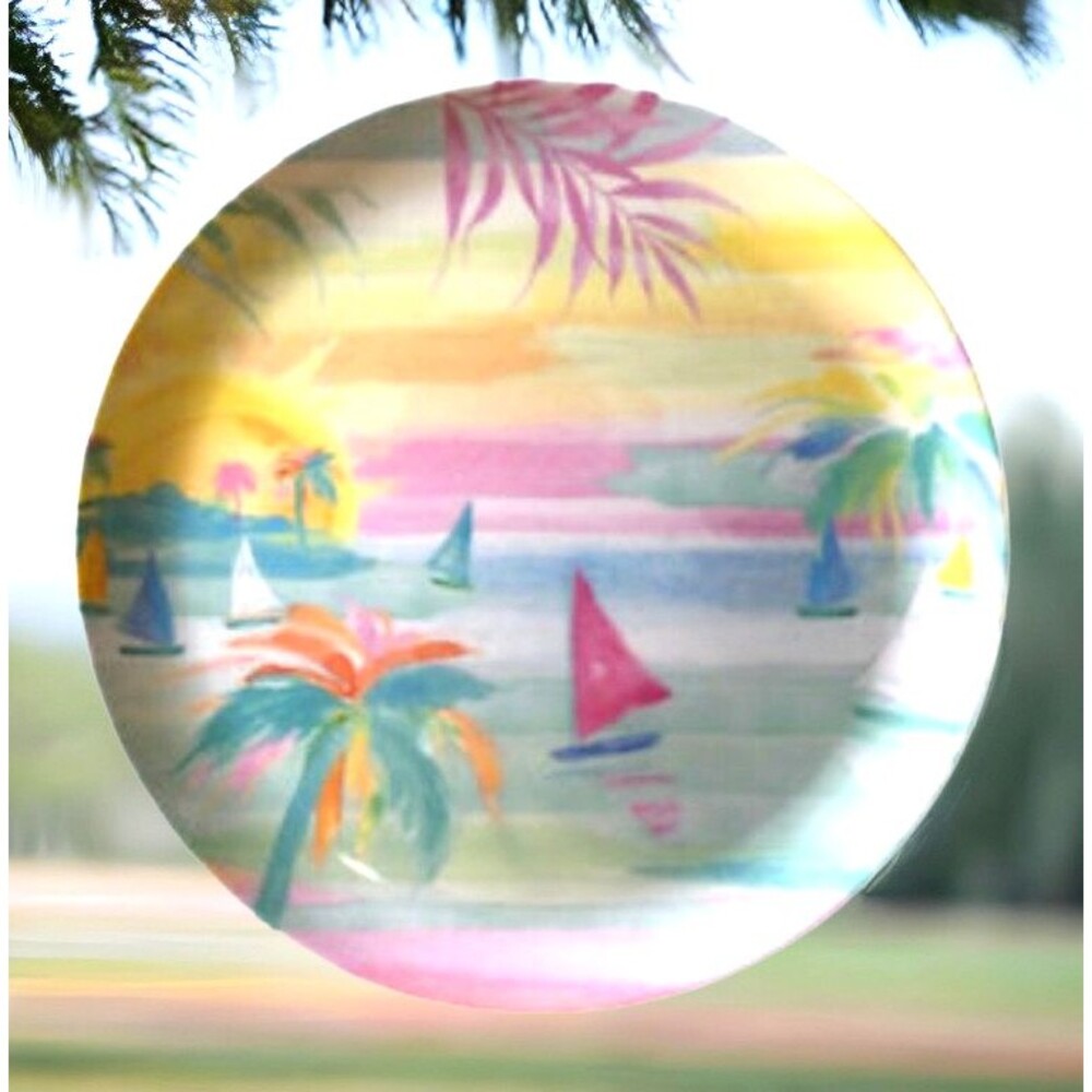 Palm Trees Sailboats Sunset Melamine 11" Plates Summer Beach House Pink Set of 4